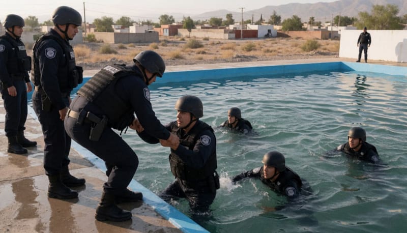 Oficiales de policía practicando ejercicios de rescate acuático en una piscina de entrenamiento