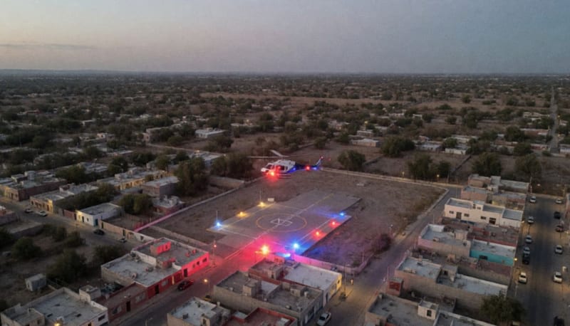 Helicóptero despegando de una azotea hospitalaria en la región fronteriza al atardecer
