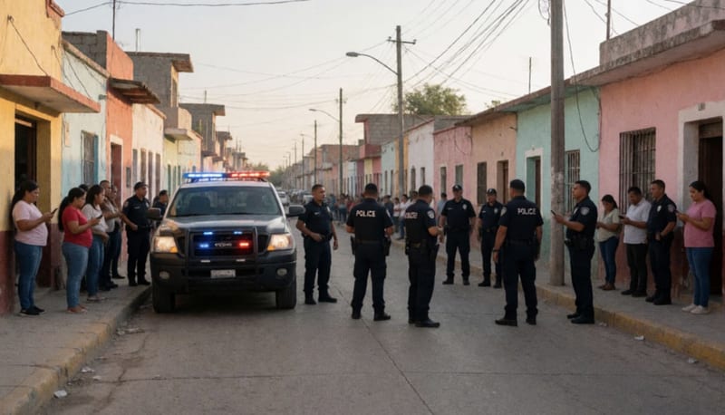 Policías y vecinos reunidos en una calle de colonia chihuahuense compartiendo información por teléfono