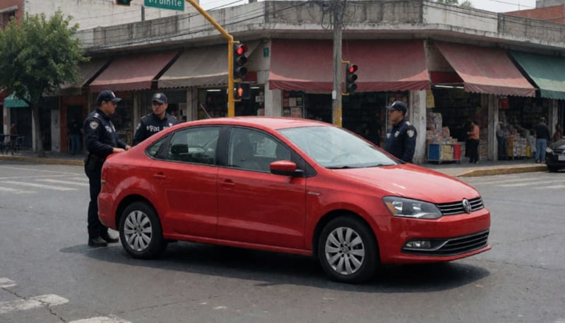 Patrulla interceptando automóvil rojo en cruce de avenidas durante operativo de seguridad matutino