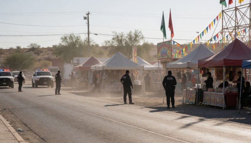 Elementos de seguridad pública patrullando los alrededores de una expo feria en una zona desértica
