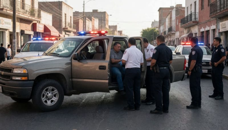Paramédicos atendiendo a una persona dentro de una camioneta estacionada en una esquina, con luces de patrulla reflejadas en el pavimento