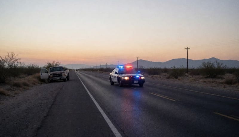 Patrulla con luces de emergencia en una carretera del desierto al atardecer, vehículo abandonado visible al costado
