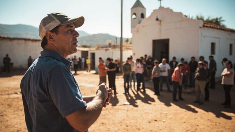 Candidato sosteniendo conversación con vecinos en la plaza de una comunidad rural del estado