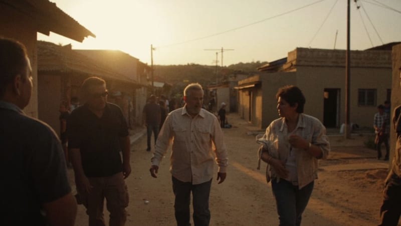 Referente social conversando con habitantes frente a casas de una comunidad rural al atardecer