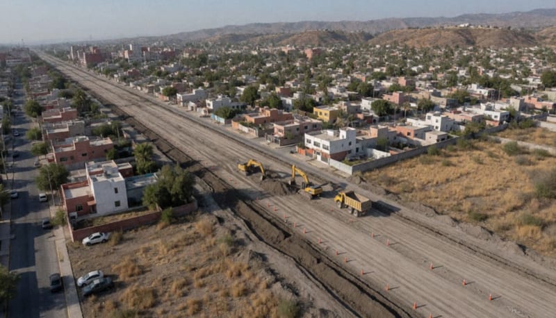 Vista aérea de maquinaria pesada moviendo tierra en un corredor vial en construcción junto a colonias y cerros secos