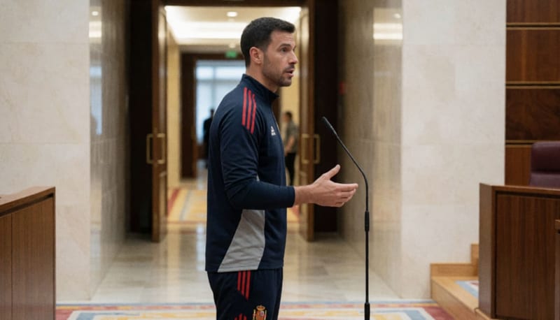 Futbolista español en un pasillo de recinto legislativo expresando sus denuncias durante un foro sobre derechos en el futbol