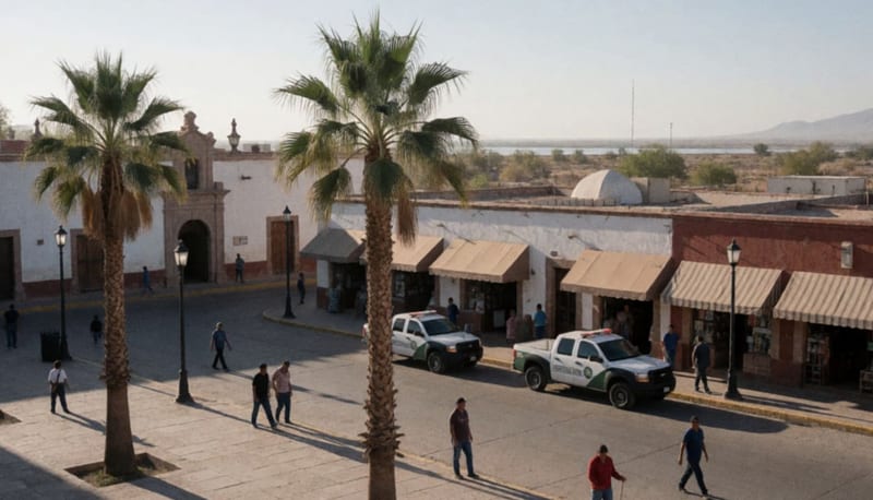 Calle principal de una pequeña ciudad fronteriza en el norte de México, con edificios tradicionales y bandera mexicana visible