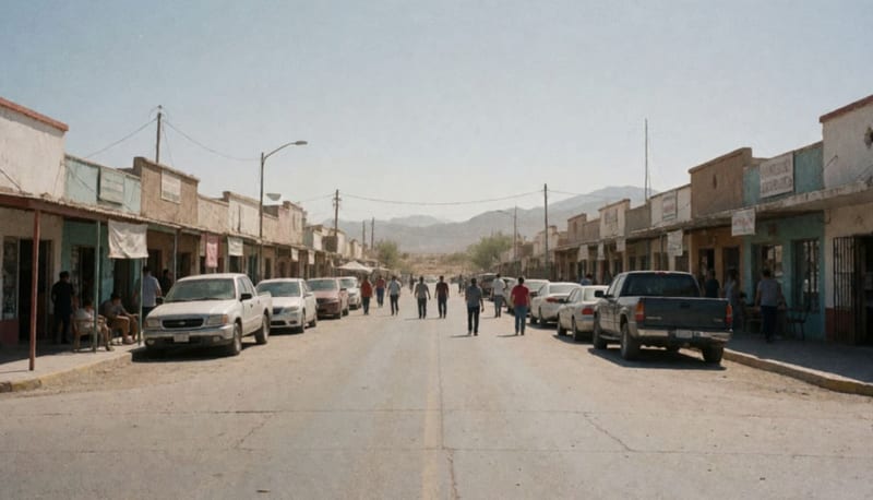 Calle principal de una pequeña ciudad fronteriza mexicana bajo el sol del desierto con comercios y autos estacionados