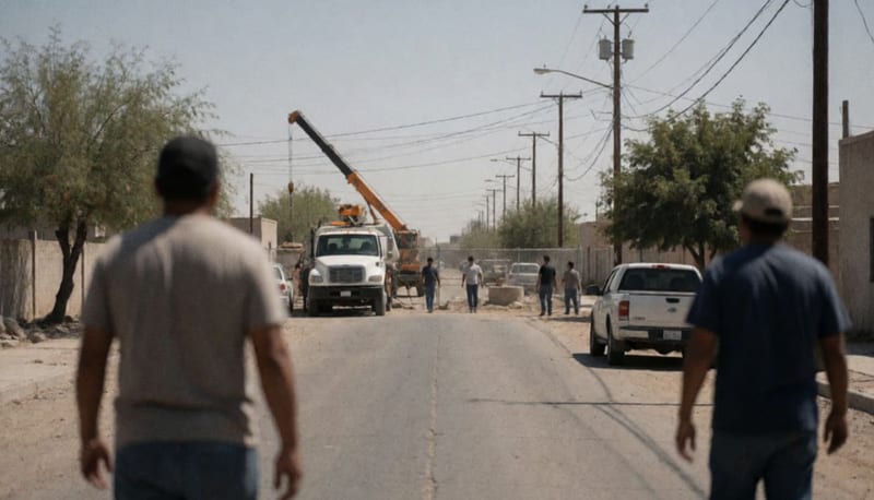 Cuadrilla trabajando con una grúa en un pozo de agua en una calle residencial