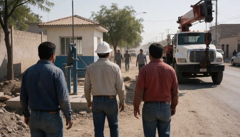 Trabajadores junto a un pozo de agua con una grúa en una calle de Juárez