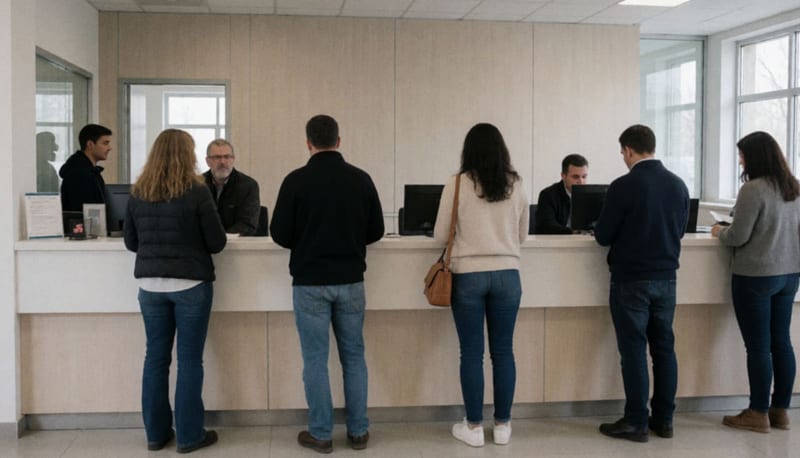 Oficina de pagos municipal con personas formadas esperando su turno