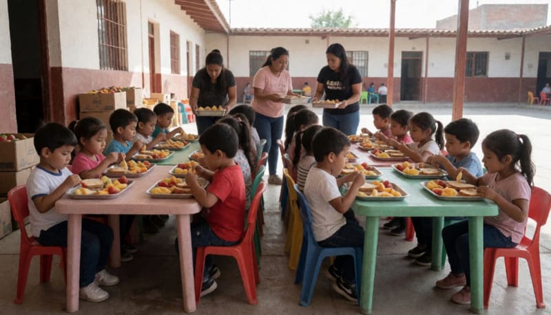Niños pequeños comen fruta y sándwiches en mesas de plástico en un patio escolar al aire libre mientras adultos sirven alimentos