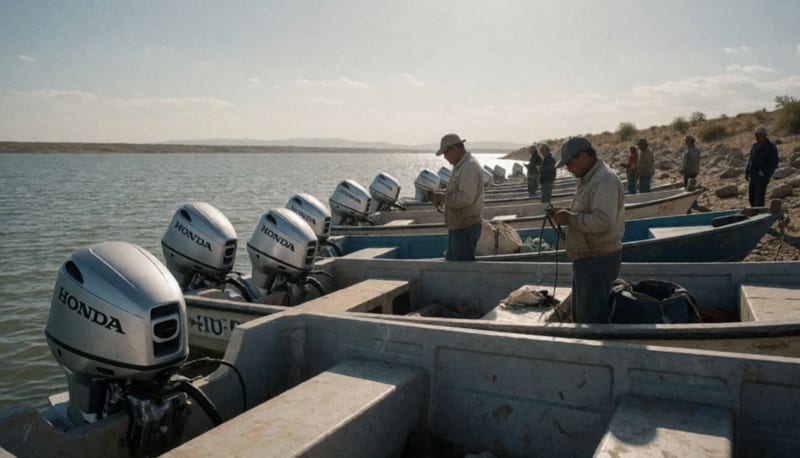 Lanchas con motores nuevos estacionadas en la orilla de la presa, con pescadores de pie junto a las embarcaciones