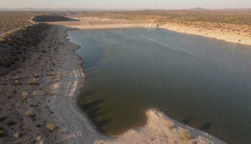 Presa con nivel parcial de agua y orilla expuesta en un paisaje desértico