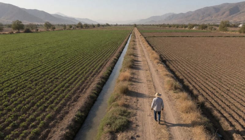 Vista aérea de parcelas verdes de cultivo junto a terrenos secos, con un canal de riego en un valle árido