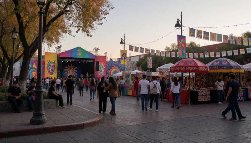 Plaza céntrica adornada con instalaciones artísticas y estructuras para un festival cultural al atardecer