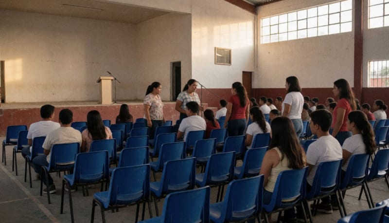 Interior de gimnasio con sillas azules y personas reunidas frente a un podio para la conferencia