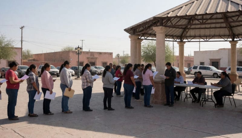 Ciudadanos formados en la explanada de una presidencia municipal bajo una estructura de sombra, esperando asesoría