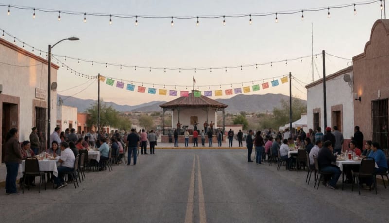 Plaza del centro histórico de Ojinaga decorada con luces y mesas para la celebración comunitaria