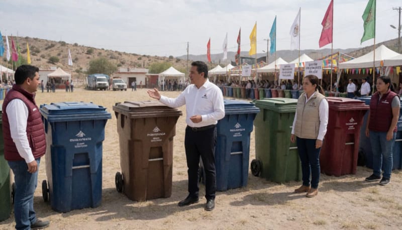 Contenedores de basura recién instalados en el espacio ferial de Ojinaga, con personal municipal presente