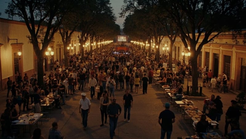 Multitud reunida en una plaza histórica al atardecer con mesas de comida y escenario para presentación musical