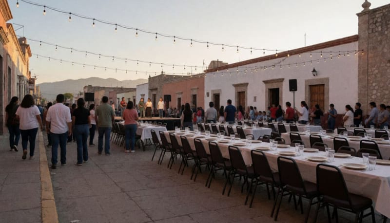 Plaza histórica de Ojinaga preparada para una celebración comunitaria nocturna con mesas y escenario