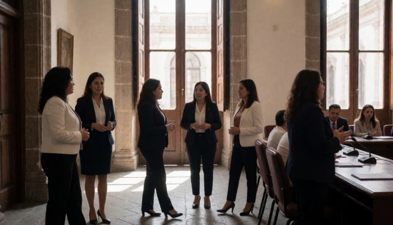 Funcionarias en los pasillos de un edificio de gobierno durante la jornada laboral