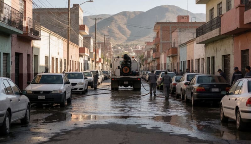 Calle encharcada de Ciudad Juárez con equipos de bombeo trabajando en la remoción de agua