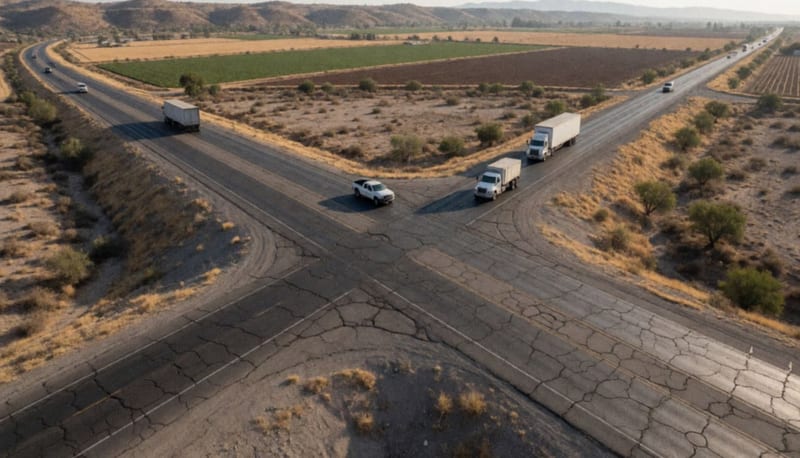Vista aérea de una carretera con baches que cruza campos agrícolas y terreno árido con camiones circulando al atardecer