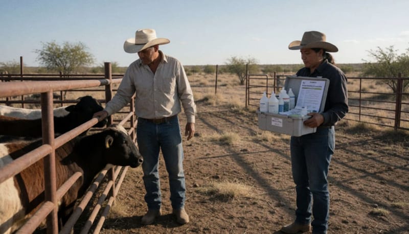 Productor ganadero revisando ganado en corral con kit de prevención al atardecer en la región desértica