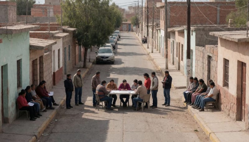 Vecinos reunidos alrededor de una mesa en una calle de la colonia