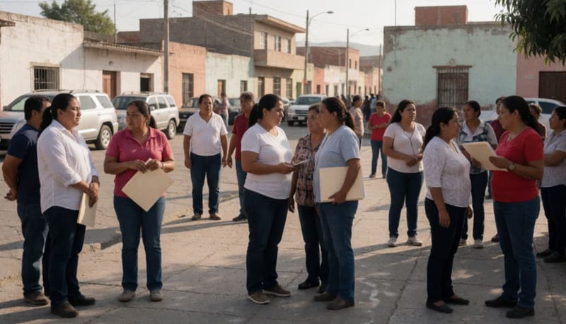 Ciudadanos reunidos en una plaza discutiendo proyectos de presupuesto participativo en Chihuahua