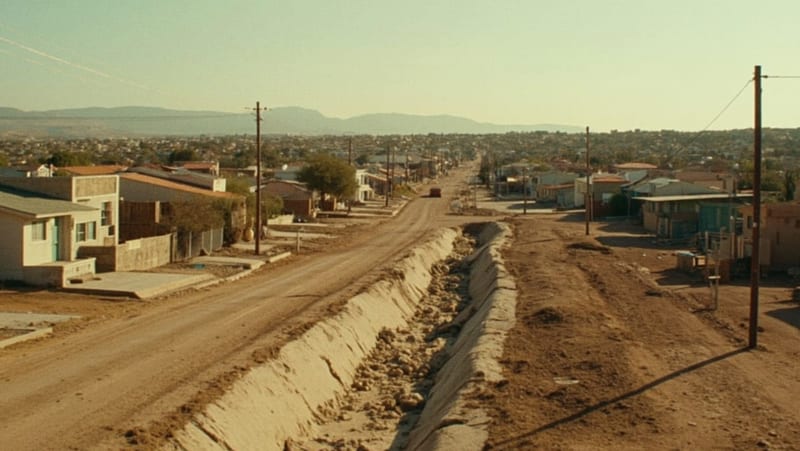 Calle residencial del norte de México con cauce seco y equipos de construcción al fondo durante la tarde