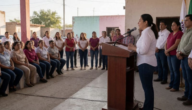 Dirigente del PRI dirigiéndose a simpatizantes en un acto político local en municipio de Chihuahua