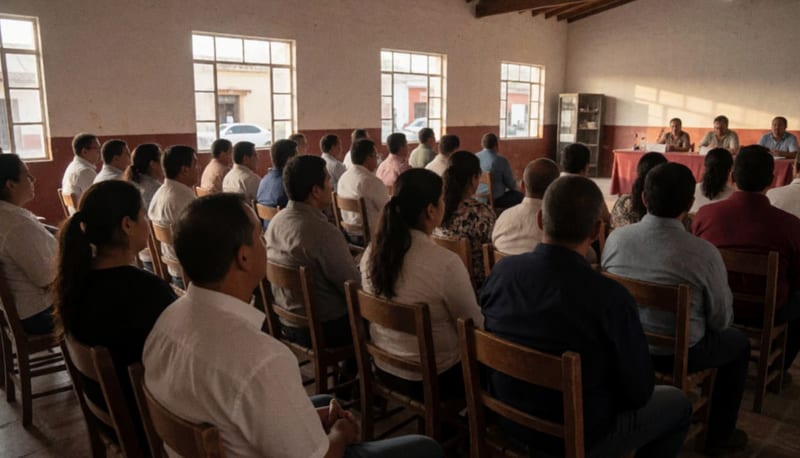 Asistentes en un foro cívico durante una sesión de diálogo político en un municipio de Chihuahua