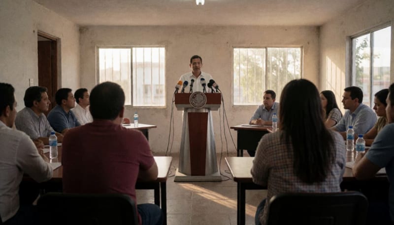 Conferencia de prensa con políticos y medios en un salón de actos de Chihuahua