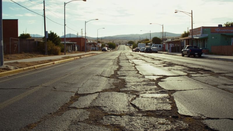 Calle con baches y pavimento deteriorado en una localidad desértica del norte de México, con reparaciones temporales visibles en el asfalto