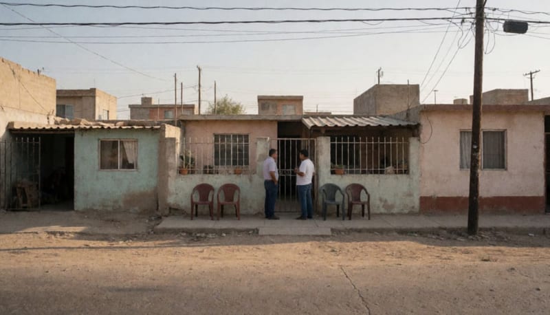 Dos vecinos conversan en la entrada de una casa sencilla sobre una calle polvorienta de colonia al atardecer