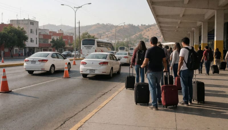 Viajeros con maletas esperan en una banqueta amplia mientras sedanes blancos se acercan, con cerros secos al fondo bajo el sol de la tarde