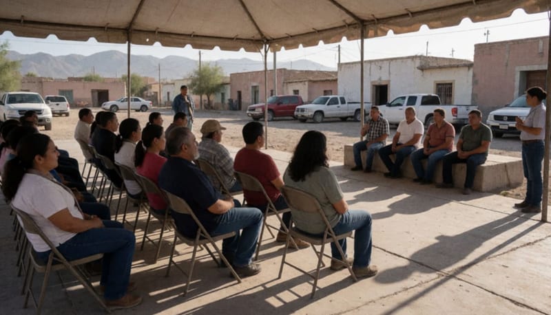 Ciudadanos participando en una sesión de foros en una plaza de Camargo bajo estructura techada
