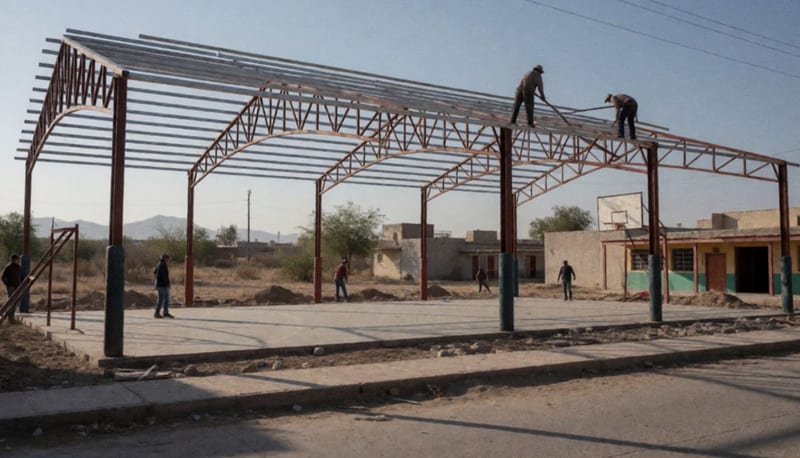 Trabajadores instalando estructura metálica para techumbre sobre cancha deportiva en escuela primaria