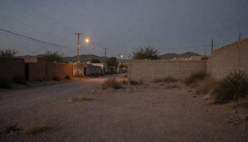 Calle de terracería al atardecer en las orillas de una ciudad del norte con muros bajos, maleza seca y un poste de luz encendido