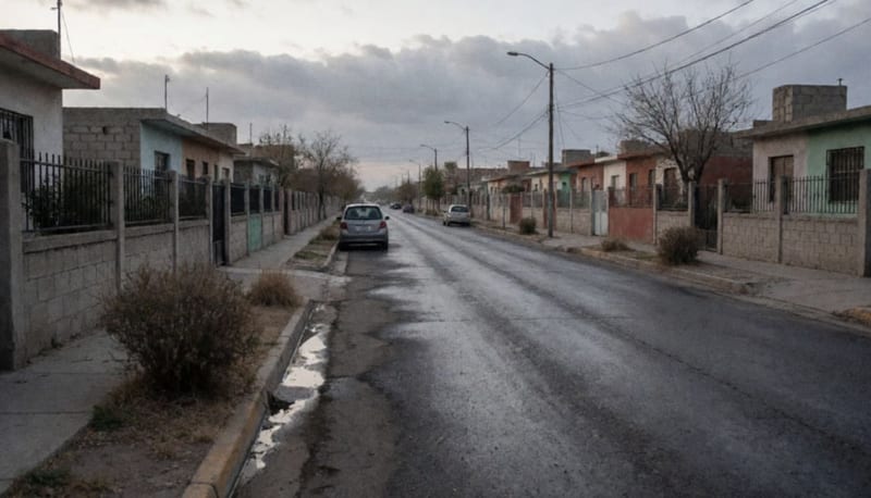 Calle residencial tranquila al atardecer, con casas de un piso y pavimento mojado