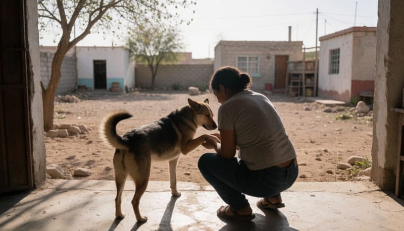 Dueño examinando la pata de una mascota en el patio de una casa de Camargo