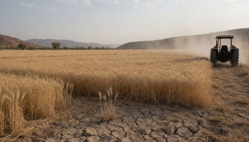 Campo de trigo dorado con zonas de tierra seca y agrietada, un tractor al fondo y cerros áridos al atardecer