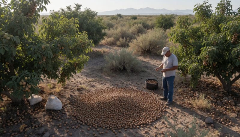 Huerto de nogales con frutos cosechados en el suelo, paisaje agrícola del norte de México