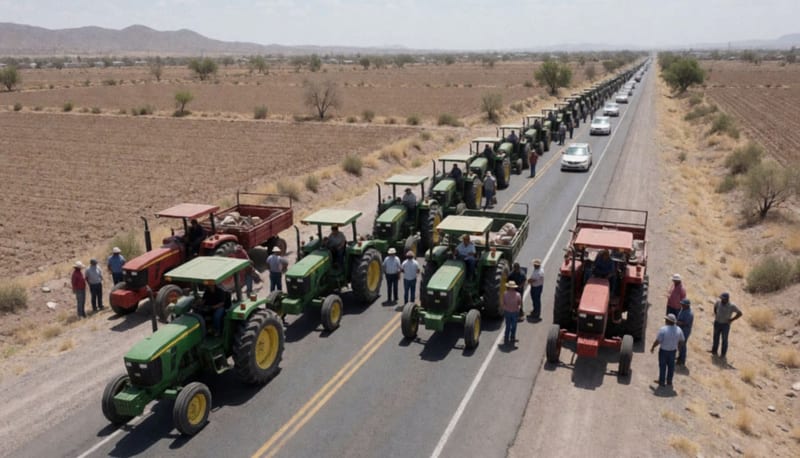 Hilera de tractores atravesados sobre una carretera de asfalto rodeada de campos secos y cerros, con campesinos junto a las máquinas