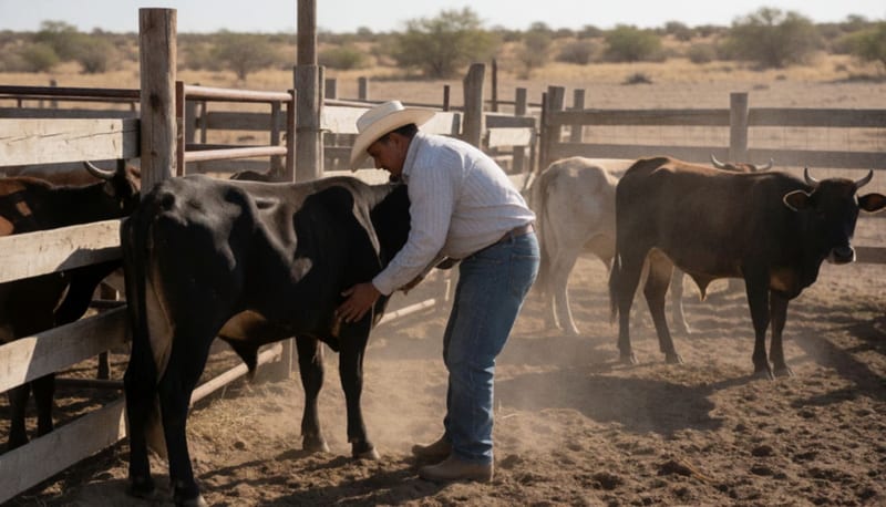 Ganadero inspeccionando el cuerpo de una vaca en un corral desértico de la región