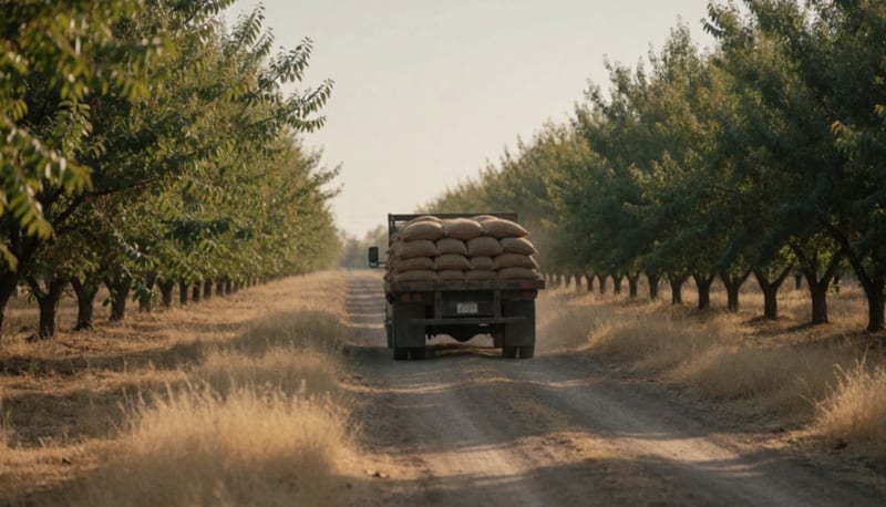 Camión de carga con costales de nuez avanzando por un camino de terracería entre huertas al atardecer